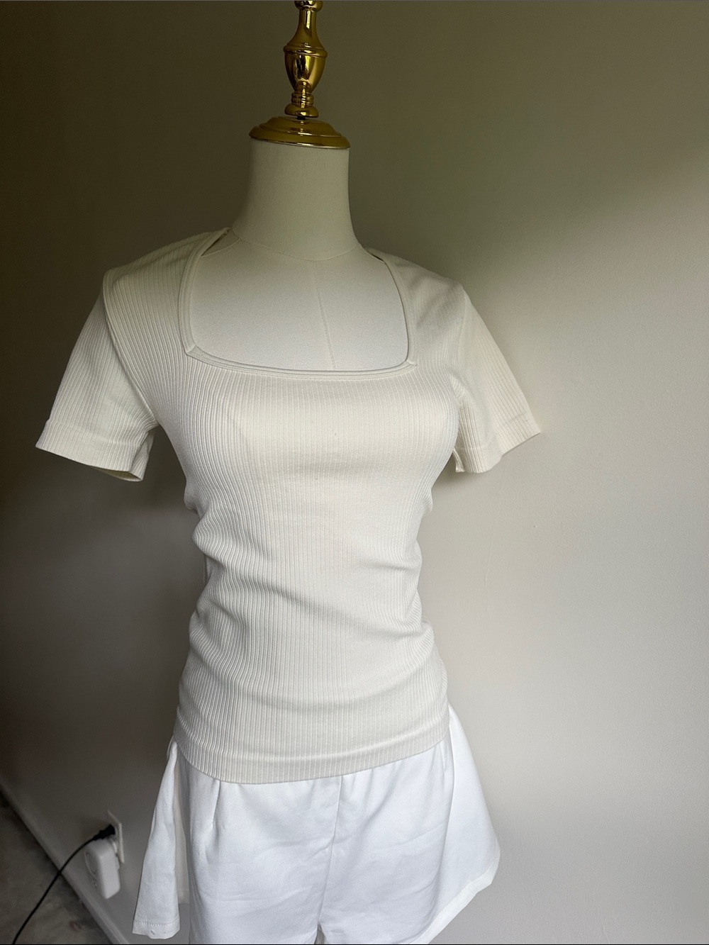 French Laundry Cream Ribbed Square-Neck Short Sleeve Tee